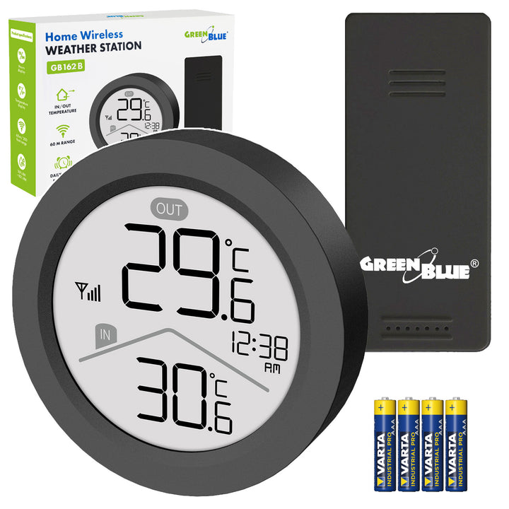 GreenBlue trådløs vejrstation, indendørs/udendørs temperatur, ur, valg mellem °C og °F, rækkevidde op til 60 m, sort, GB162 B + 4 stk. Varta Industrial AAA-alkalibatterier