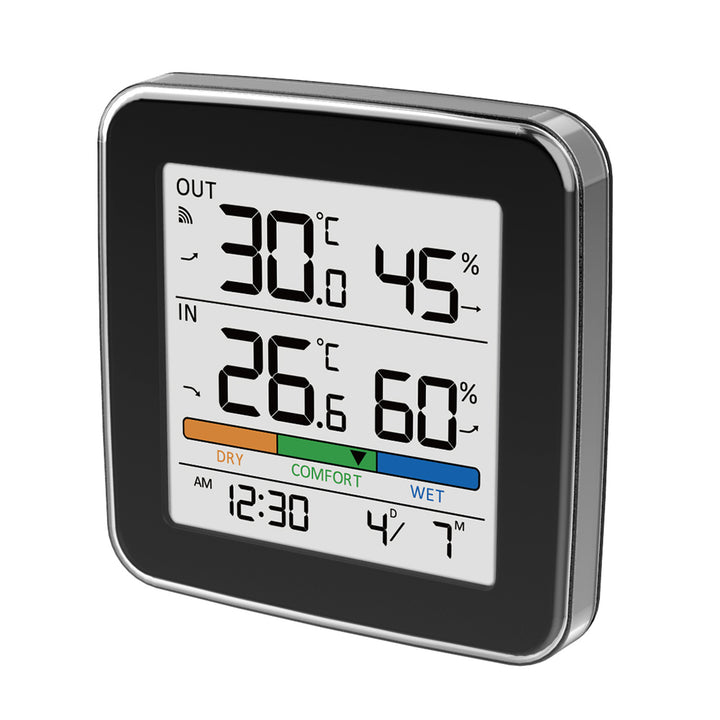 GreenBlue trådløs vejrstation, temperatur + luftfugtighed IN/OUT, ur + alarm + dato, °C / °F, op til 60 m, sort, GB169 B + 4 stk. AAA-alkalibatterier fra Varta Industrial