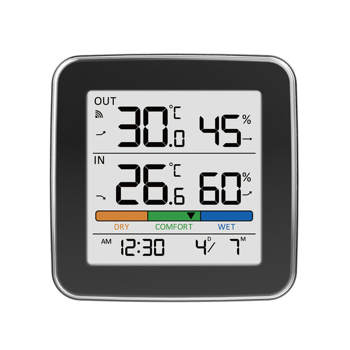GreenBlue trådløs vejrstation, temperatur + luftfugtighed IN/OUT, ur + alarm + dato, °C / °F, op til 60 m, sort, GB169 B + 4 stk. AAA-alkalibatterier fra Varta Industrial
