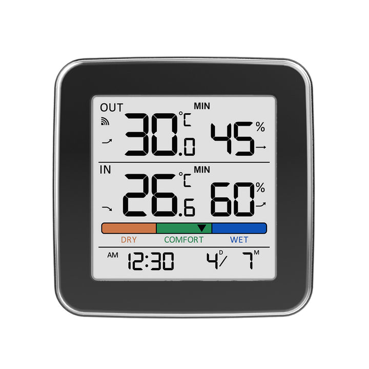 GreenBlue trådløs vejrstation, temperatur + luftfugtighed IN/OUT, ur + alarm + dato, °C / °F, op til 60 m, sort, GB169 B + 4 stk. AAA-alkalibatterier fra Varta Industrial