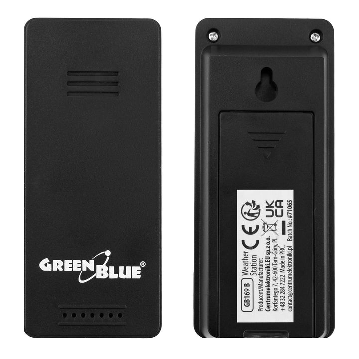 GreenBlue trådløs vejrstation, temperatur + luftfugtighed IN/OUT, ur + alarm + dato, °C / °F, op til 60 m, sort, GB169 B + 4 stk. AAA-alkalibatterier fra Varta Industrial