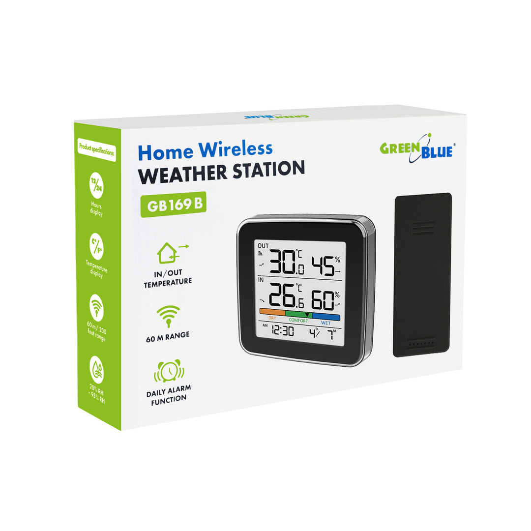 GreenBlue trådløs vejrstation, temperatur + luftfugtighed IN/OUT, ur + alarm + dato, °C / °F, op til 60 m, sort, GB169 B + 4 stk. AAA-alkalibatterier fra Varta Industrial