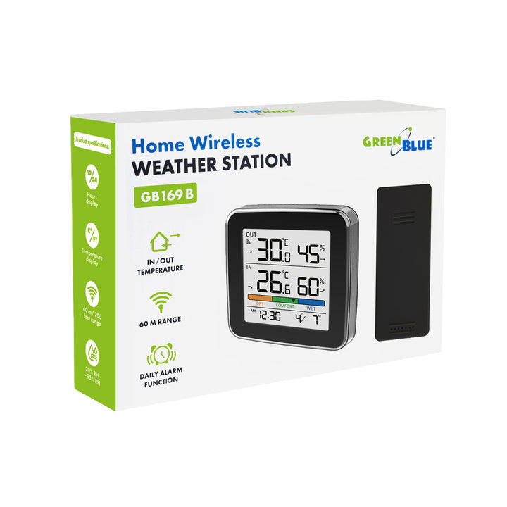 GreenBlue trådløs vejrstation, temperatur + luftfugtighed IN/OUT, ur + alarm + dato, °C / °F, op til 60 m, sort, GB169 B + 4 stk. AAA-alkalibatterier fra Varta Industrial