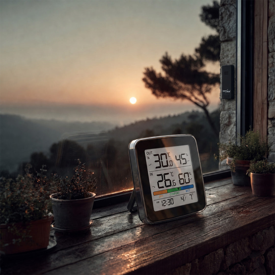 GreenBlue trådløs vejrstation, temperatur + luftfugtighed IN/OUT, ur + alarm + dato, °C / °F, op til 60 m, sort, GB169 B + 4 stk. AAA-alkalibatterier fra Varta Industrial
