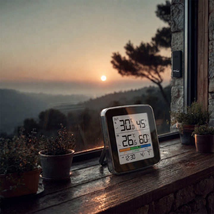 GreenBlue trådløs vejrstation, temperatur + luftfugtighed IN/OUT, ur + alarm + dato, °C / °F, op til 60 m, sort, GB169 B + 4 stk. AAA-alkalibatterier fra Varta Industrial