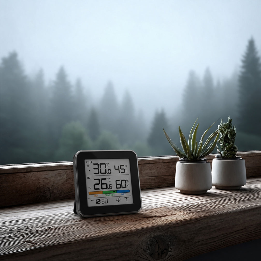 GreenBlue trådløs vejrstation, temperatur + luftfugtighed IN/OUT, ur + alarm + dato, °C / °F, op til 60 m, sort, GB169 B + 4 stk. AAA-alkalibatterier fra Varta Industrial