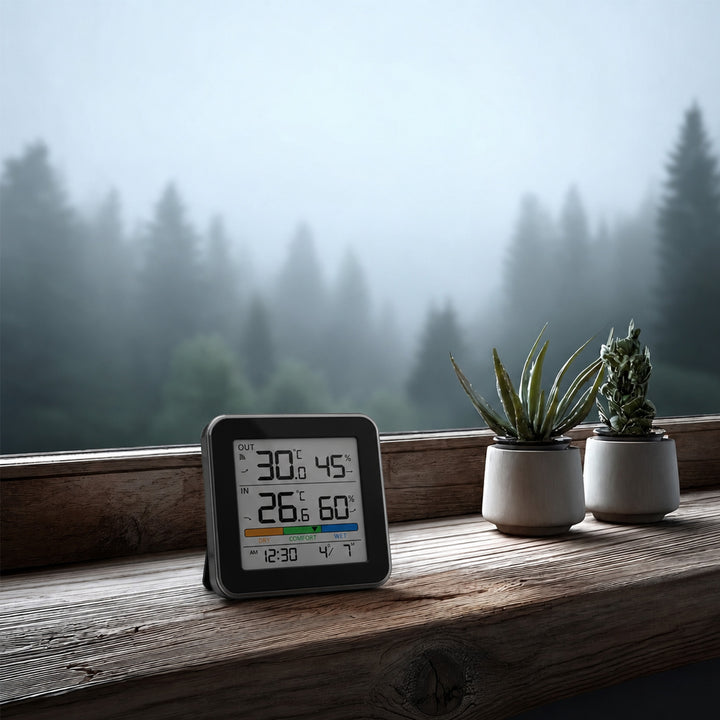 GreenBlue trådløs vejrstation, temperatur + luftfugtighed IN/OUT, ur + alarm + dato, °C / °F, op til 60 m, sort, GB169 B + 4 stk. AAA-alkalibatterier fra Varta Industrial