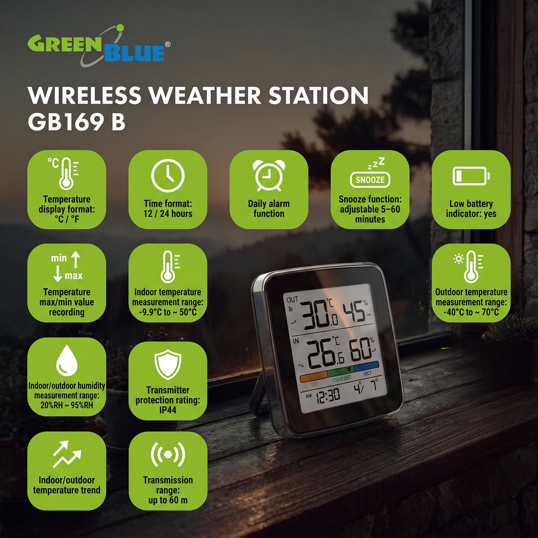 GreenBlue trådløs vejrstation, temperatur + luftfugtighed IN/OUT, ur + alarm + dato, °C / °F, op til 60 m, sort, GB169 B + 4 stk. AAA-alkalibatterier fra Varta Industrial