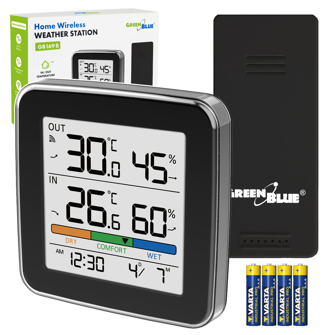 GreenBlue trådløs vejrstation, temperatur + luftfugtighed IN/OUT, ur + alarm + dato, °C / °F, op til 60 m, sort, GB169 B + 4 stk. AAA-alkalibatterier fra Varta Industrial