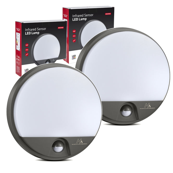 Maclean LED-lampe med bevægelsessensor, PIR-sensor, grå, 15 W, IP54, 1100 lm, neutral farve, MCE291 W, 2 stk.