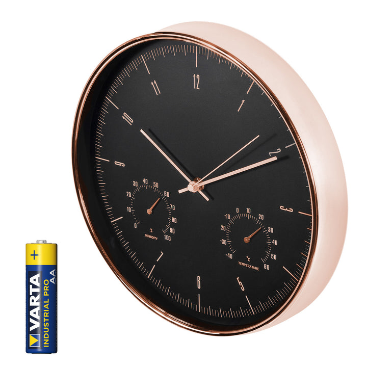 Guldfarvet vægur, 12'' (30 cm), med termometer og hygrometer, CE70 G + alkalibatteri R-06 LR6 AA 1,5 V Varta Industrial