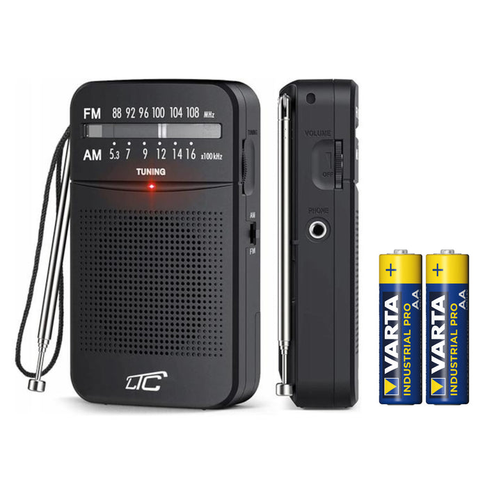 LEGA LXLTC2029C lommradio med AM/FM/AUX, batteridrevet LTC + 2 stk. Varta Industrial AA-alkalibatterier