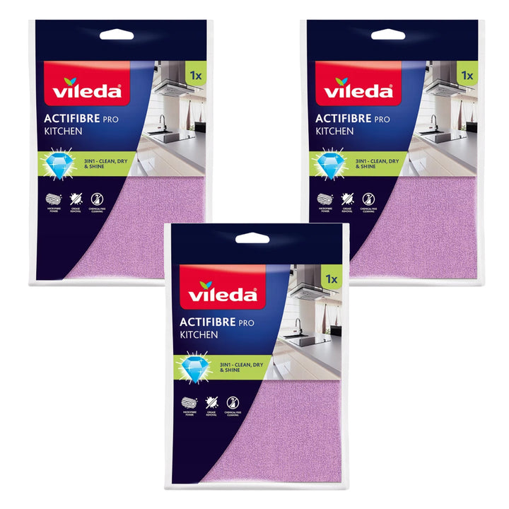 Vileda Actifibre Pro køkkenklud, mikrofiber, PVA-belægning, kan vaskes ved op til 60 °C, 183303, 3 stk.