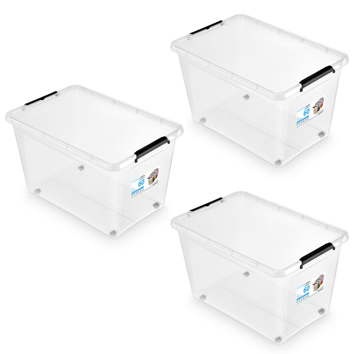 Moxom SimpleStore-beholder, rumindhold 60 l, gennemsigtig, låg med kliklås, med hjul, BPA-fri, 04-0081, 3 stk.