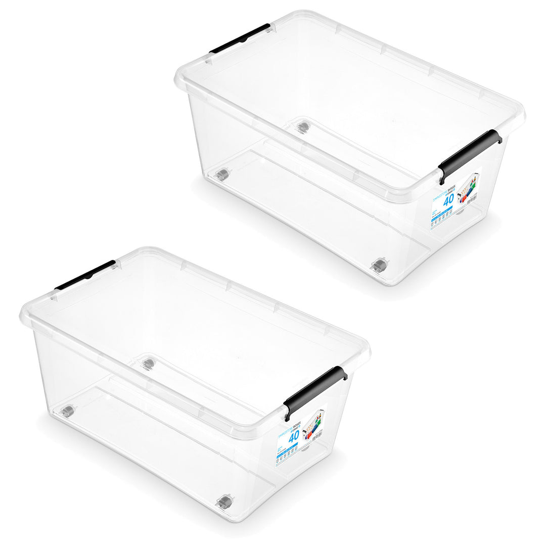 Moxom SimpleStore-beholder, rumfang 40 l, gennemsigtig, låg med kliklås, med hjul, BPA-fri, 04-0076, 2 stk.