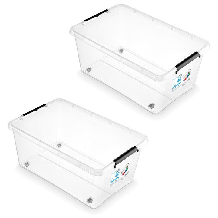 Moxom SimpleStore-beholder, rumfang 40 l, gennemsigtig, låg med kliklås, med hjul, BPA-fri, 04-0076, 2 stk.