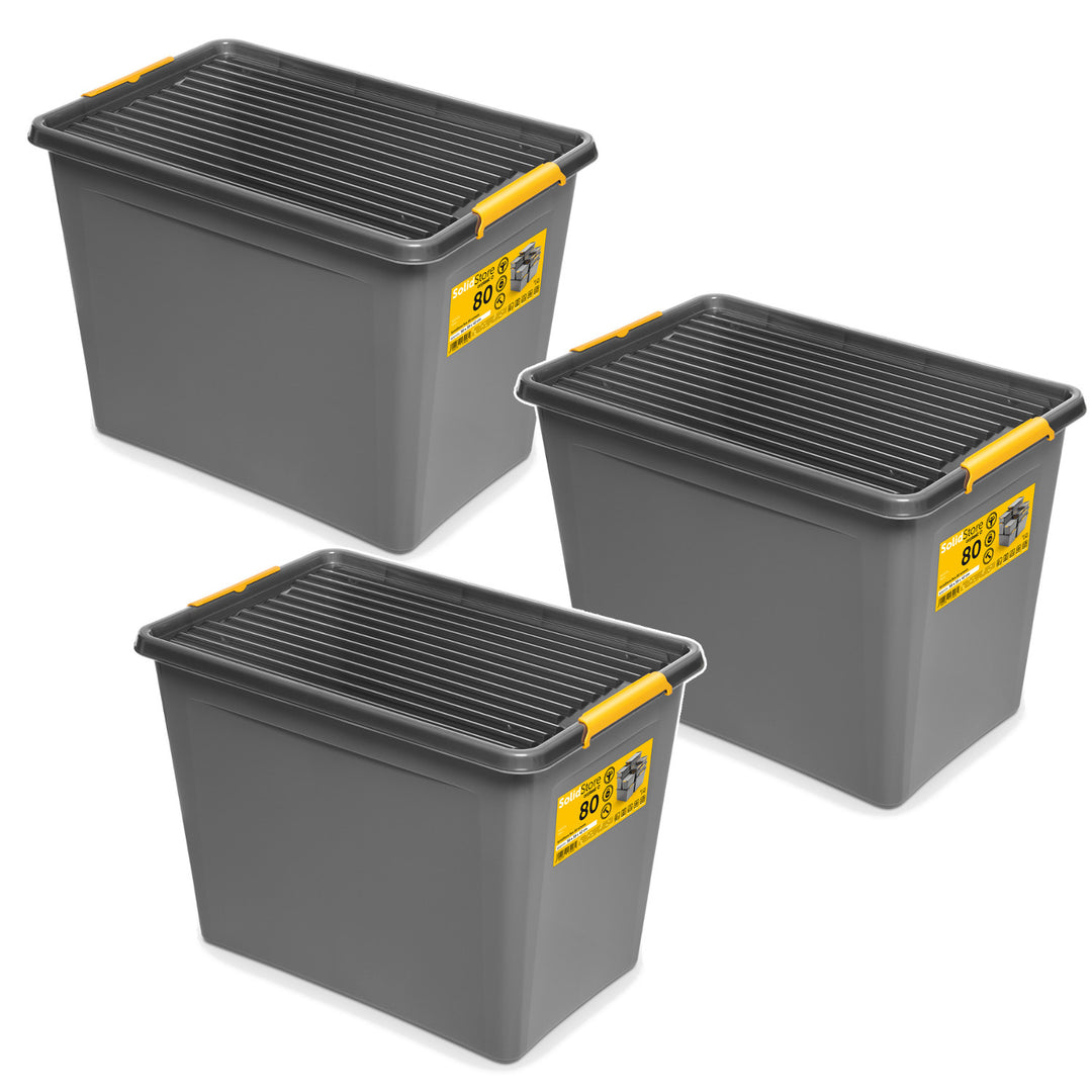 Moxom SolidStore-beholder, rumfang 80 l, grå, låg med kliklås, med hjul, BPA-fri, 04-0217, 3 stk.