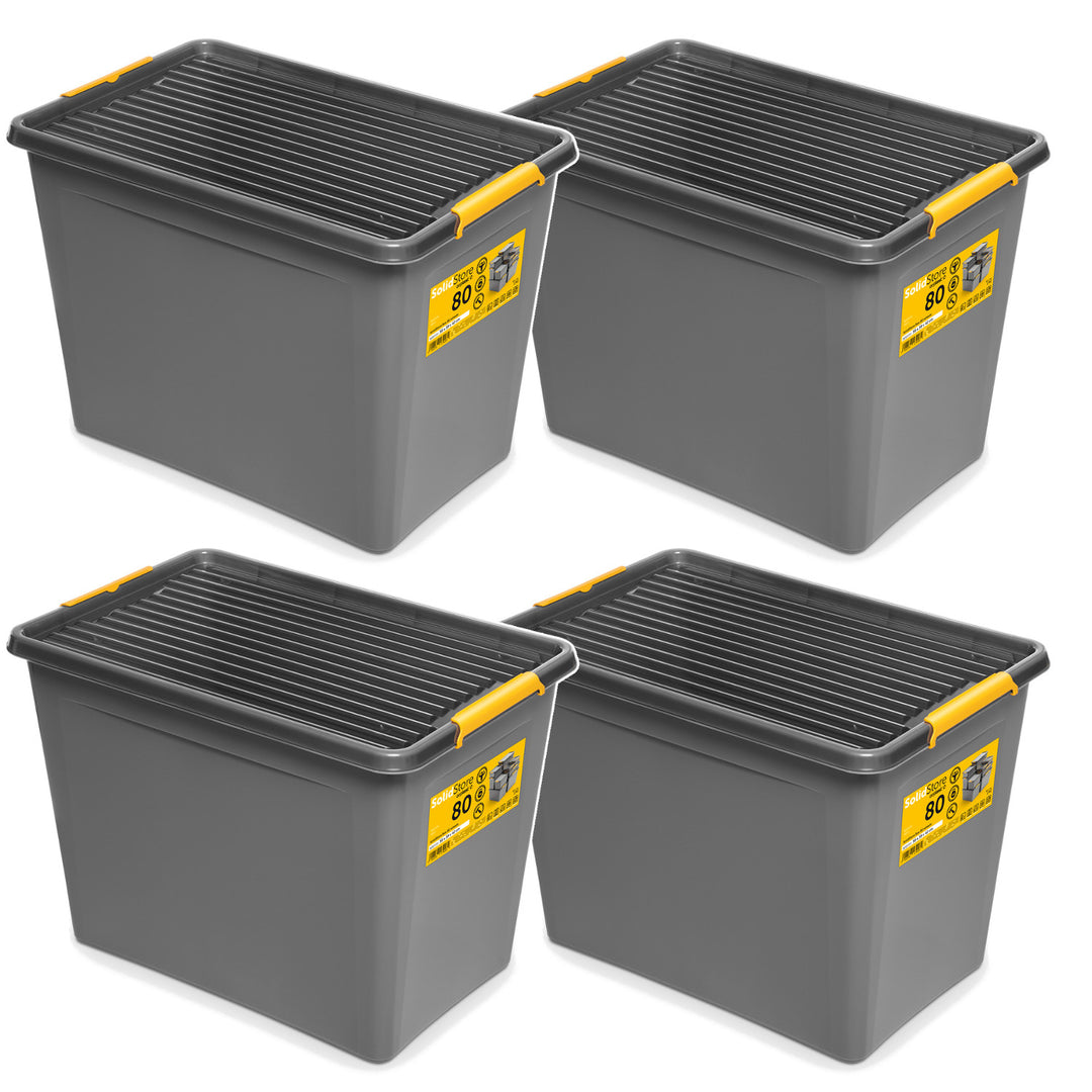 Moxom SolidStore-beholder, rumfang 80 l, grå, låg med kliklås, med hjul, BPA-fri, 04-0217, 4 stk.