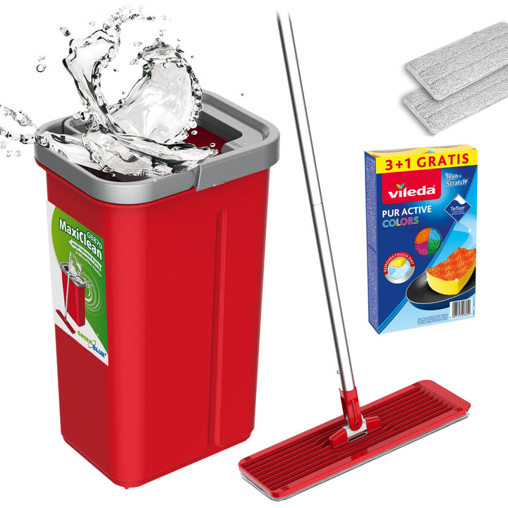 GreenBlue fladmoppe med spand og vridemekanisme, to HQ-mikrofiberklude, rumfang 5,7 l, MaxiClean GB870 + 4 Vileda Pur Active Colors skuresvampe