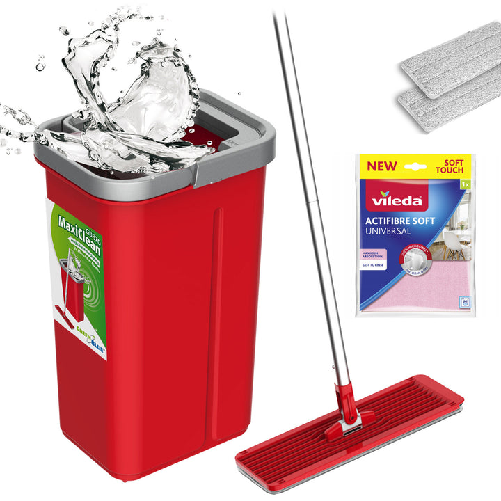 GreenBlue fladmoppe med spand og vridemekanisme, to HQ-mikrofiberindlæg, rumfang 5,7 l, MaxiClean GB870 + Vileda Actifibre Soft-klud