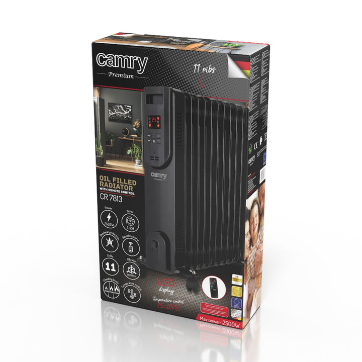 Olievarmer, 11 ribber, 2500 W, fjernbetjening, LED-display, termostat, Camry CR 7813