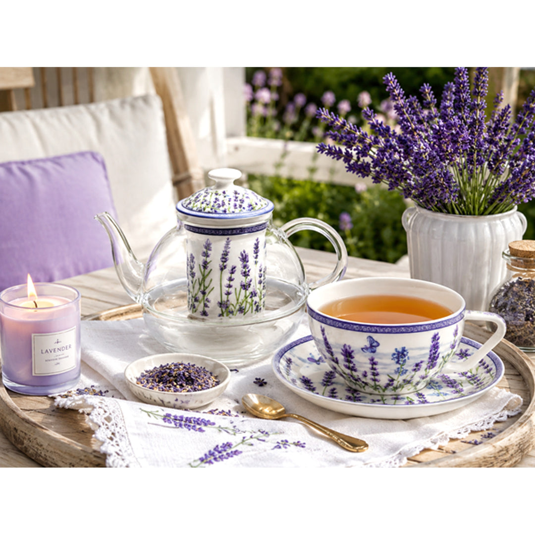 Lavendel-tesæt, kop og tekande (tea for one) Queen Isabell