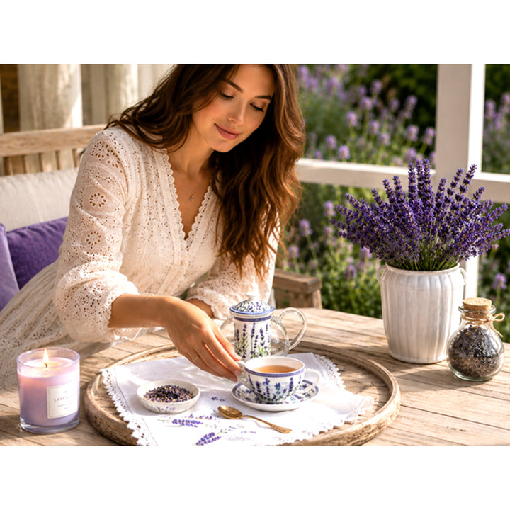 Lavendel-tesæt, kop og tekande (tea for one) Queen Isabell