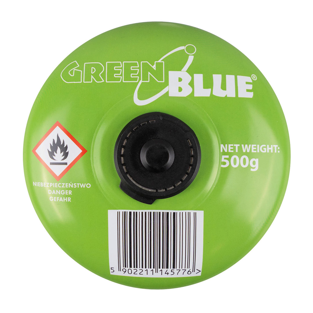 GreenBlue gaspatron, 500 g. Certifikat: Pi 0437, i overensstemmelse med EN 417, butan-propan, anvendelsestemperatur -10 °C til +40 °C, ventil 7/16", GB499, 48 stk.