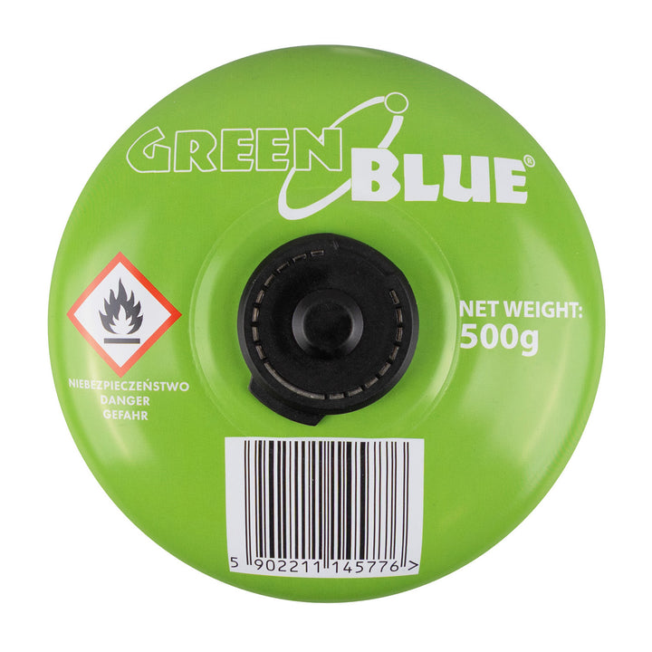 GreenBlue gaspatron, 500 g. Certifikat: Pi 0437, i overensstemmelse med EN 417, butan-propan, anvendelsestemperatur -10 °C til +40 °C, ventil 7/16", GB499, 48 stk.
