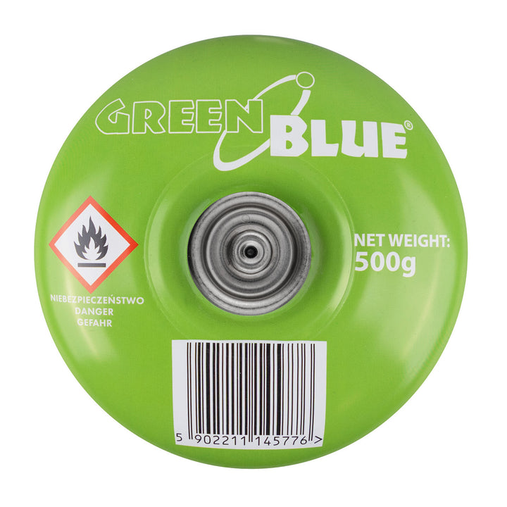 GreenBlue gaspatron, 500 g. Certifikat: Pi 0437, i overensstemmelse med EN 417, butan-propan, anvendelsestemperatur -10 °C til +40 °C, ventil 7/16", GB499, 48 stk.