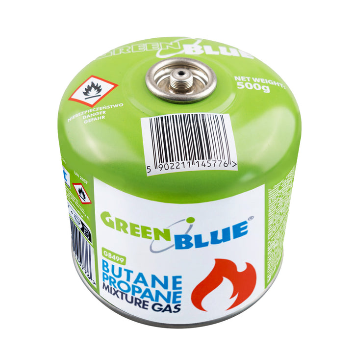 GreenBlue gaspatron, 500 g. Certifikat: Pi 0437, i overensstemmelse med EN 417, butan-propan, anvendelsestemperatur -10 °C til +40 °C, ventil 7/16", GB499, 48 stk.