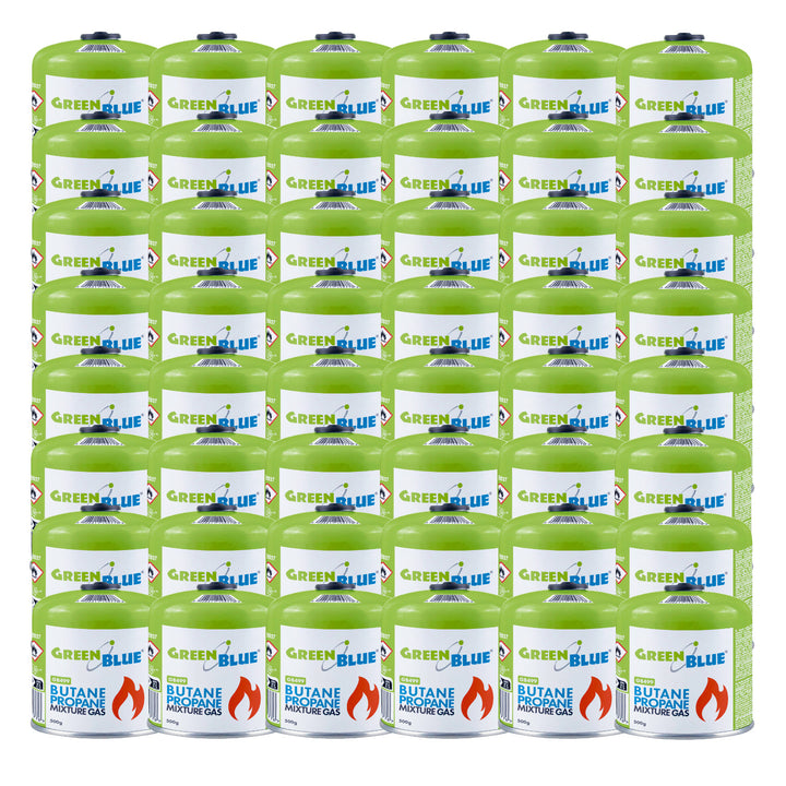 GreenBlue gaspatron, 500 g. Certifikat: Pi 0437, i overensstemmelse med EN 417, butan-propan, anvendelsestemperatur -10 °C til +40 °C, ventil 7/16", GB499, 48 stk.