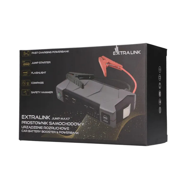 Jump Starter Extralink Jump Max7, kapacitet 10.000 mAh, 3 LED-lamper, lommelygte, kompas, hammer, startstrøm 400 A, spidsstrøm 1.000 A