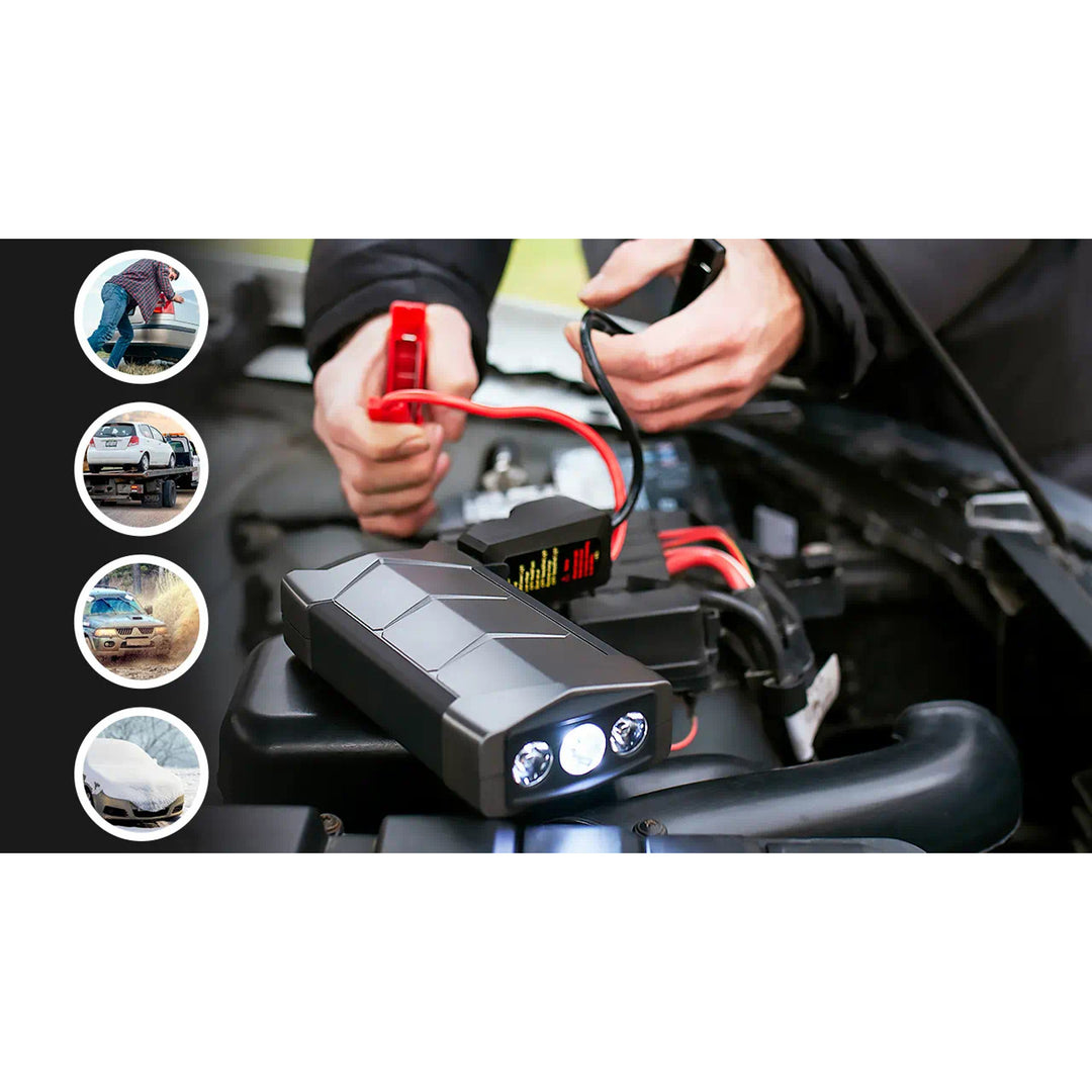 Jump Starter Extralink Jump Max7, kapacitet 10.000 mAh, 3 LED-lamper, lommelygte, kompas, hammer, startstrøm 400 A, spidsstrøm 1.000 A
