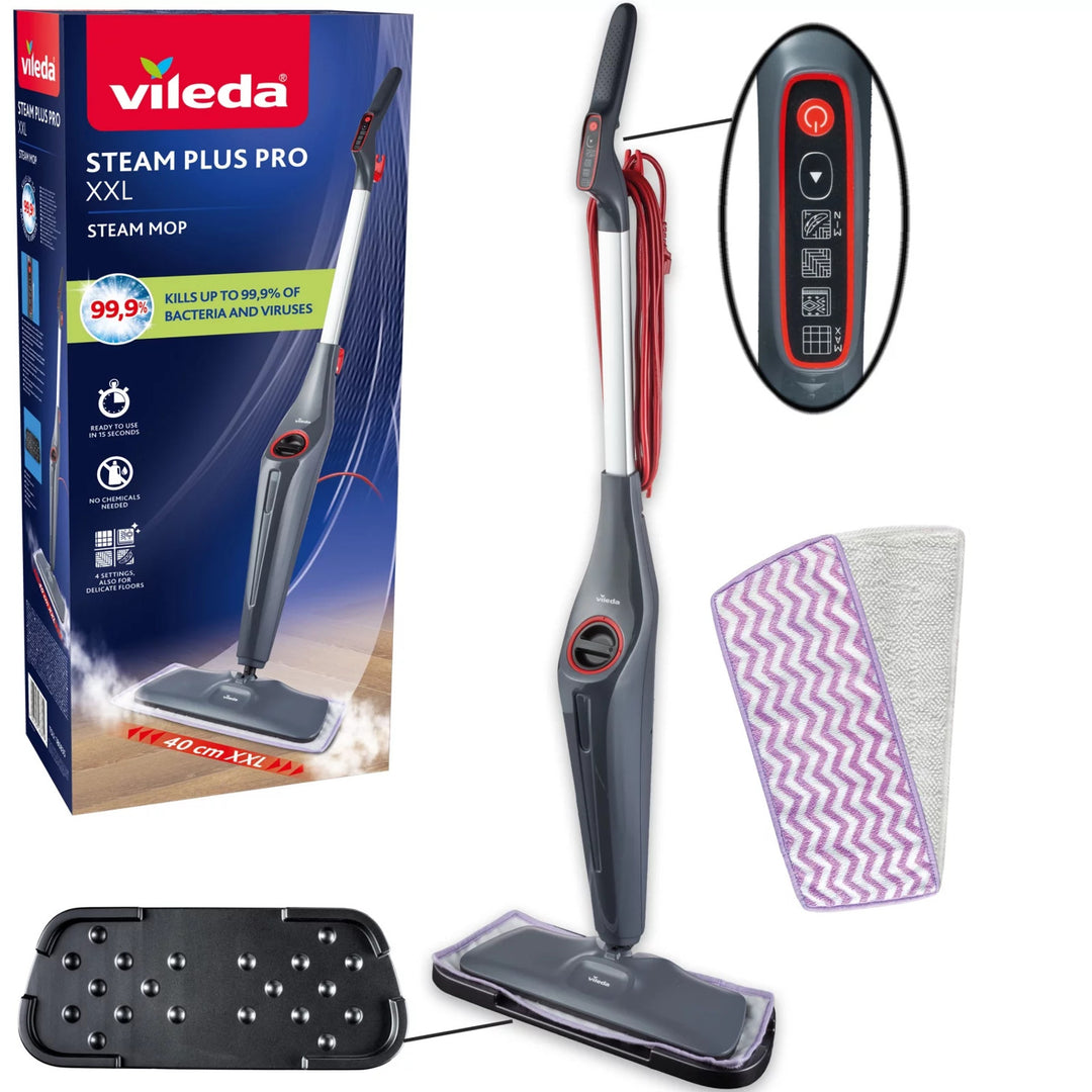 Vileda Steam Plus XXL Pro dampmoppe, dræber 99,9 % af bakterierne, ideel til store overflader, til alle typer gulve, 180835