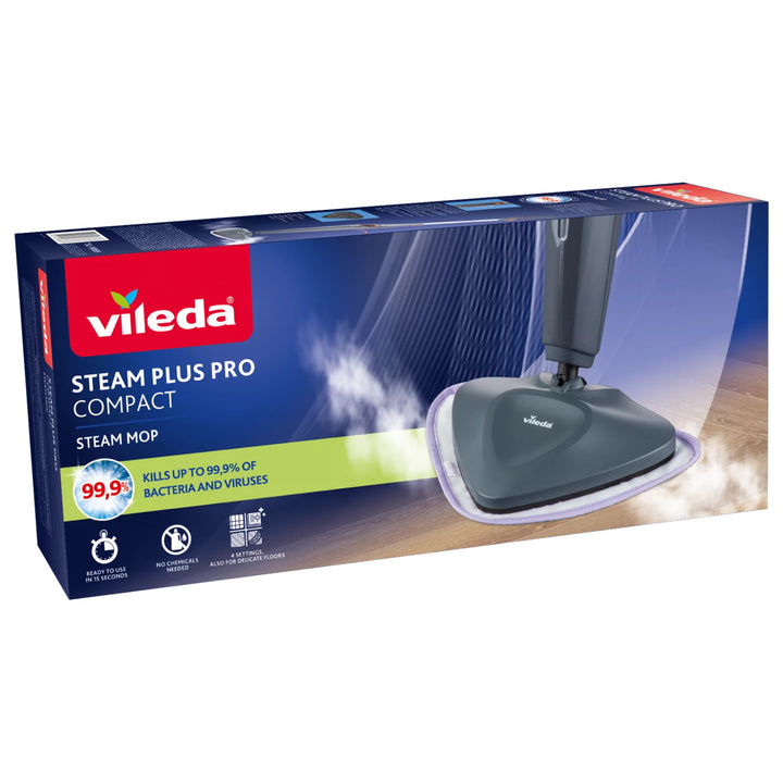 Vileda Steam Plus Pro dampmoppe, dræber 99,9 % af bakterierne, varmes hurtigt op, til alle typer gulve, 180839