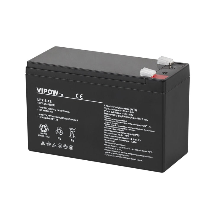 Vipow gelbatteri, vedligeholdelsesfri, lang levetid, 12V 7,5Ah