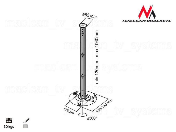 Loft mount for projectors, silver, from 80 mm to 980 mm Maclean MC-517