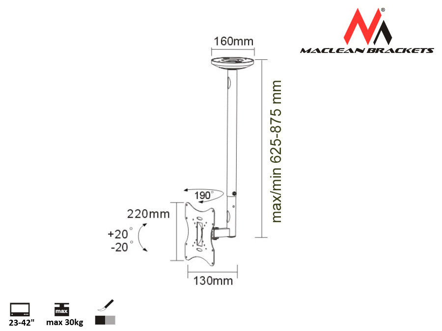 Maclean loftmonteret tv-holder, 23-42", 30 kg, sølv, MC-504A S