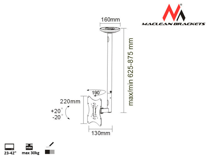 Maclean loftmonteret tv-holder, 23-42", 30 kg, sølv, MC-504A S