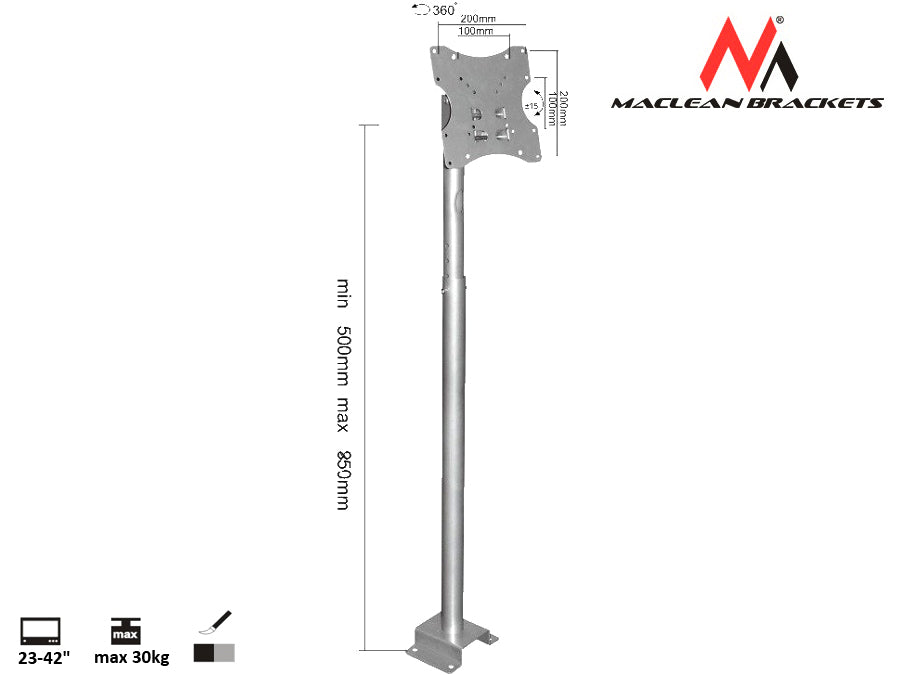 Maclean loftmonteret tv-holder, 23-42", 30 kg, sølv, MC-504A S