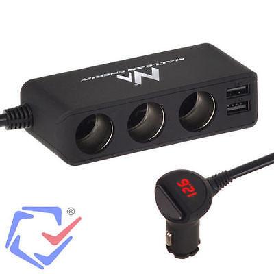 Maclean-fordeler til bilens cigarettænderstik, voltmeter, 3 cigarettænderstik, 2 porte foran 2 x 2,4 A, 2 porte på siden 2 x 1 A, maks. 120 W, sort, gummibelagt, MCE117