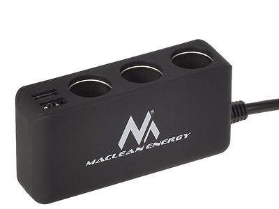 Maclean-fordeler til bilens cigarettænderstik, voltmeter, 3 cigarettænderstik, 2 porte foran 2 x 2,4 A, 2 porte på siden 2 x 1 A, maks. 120 W, sort, gummibelagt, MCE117