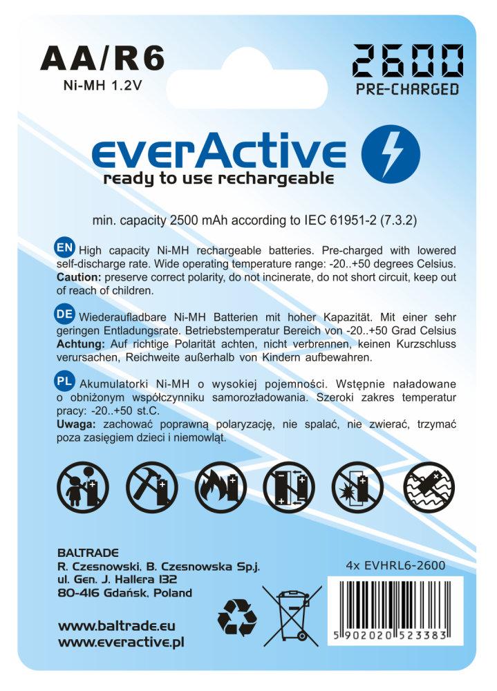 4x everActive R6/AA Ni-MH 2600 mAh genopladelige batterier, klar til brug