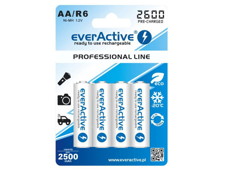 4x everActive R6/AA Ni-MH 2600 mAh genopladelige batterier, klar til brug