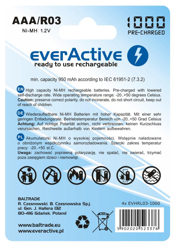 4x everActive R03/AAA Ni-MH 1000 mAh genopladelige batterier, klar til brug