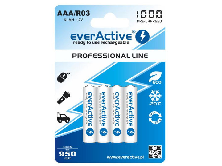 4x everActive R03/AAA Ni-MH 1000 mAh genopladelige batterier, klar til brug