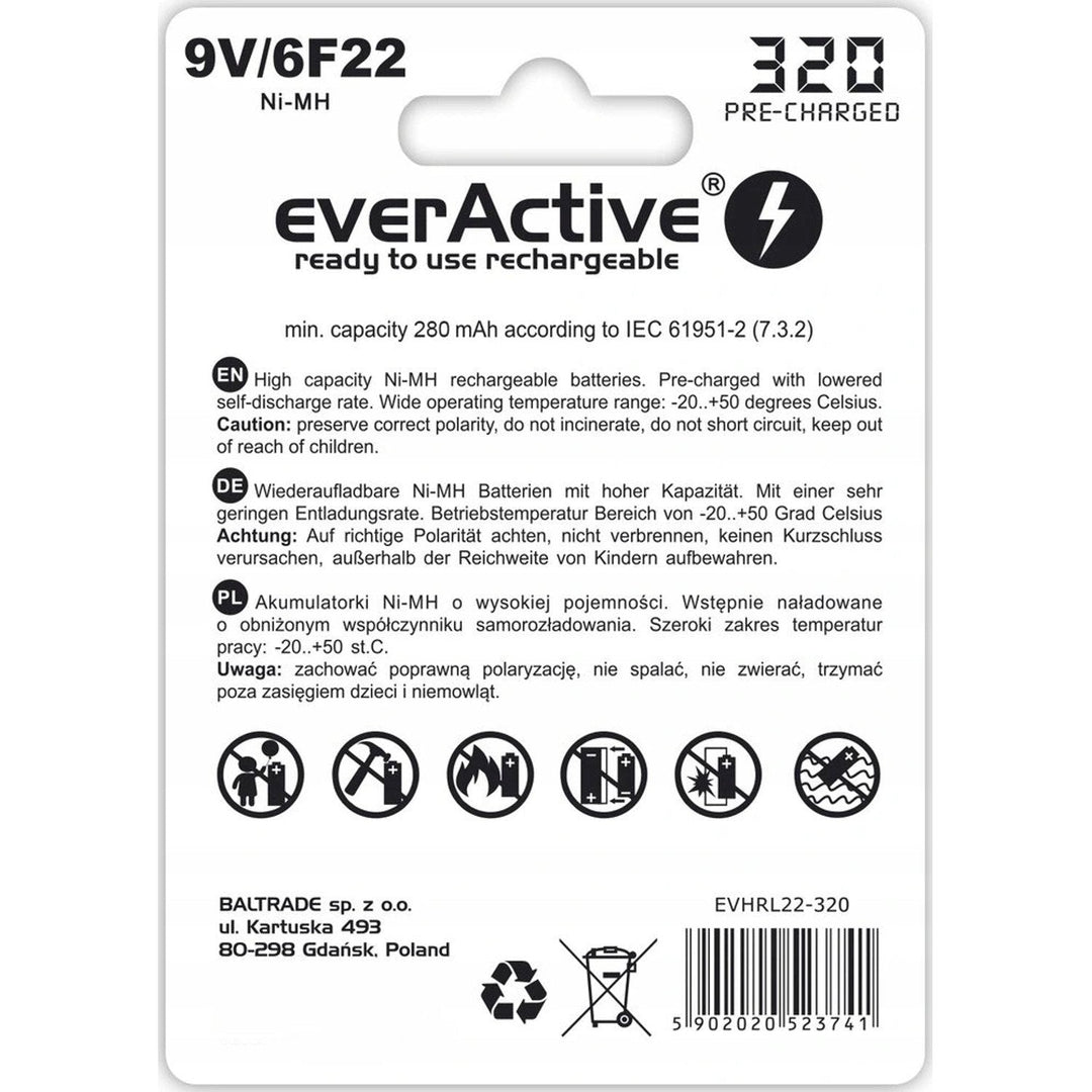 everActive 6F22/9V Ni-MH 320 mAh genopladeligt batteri, klar til brug