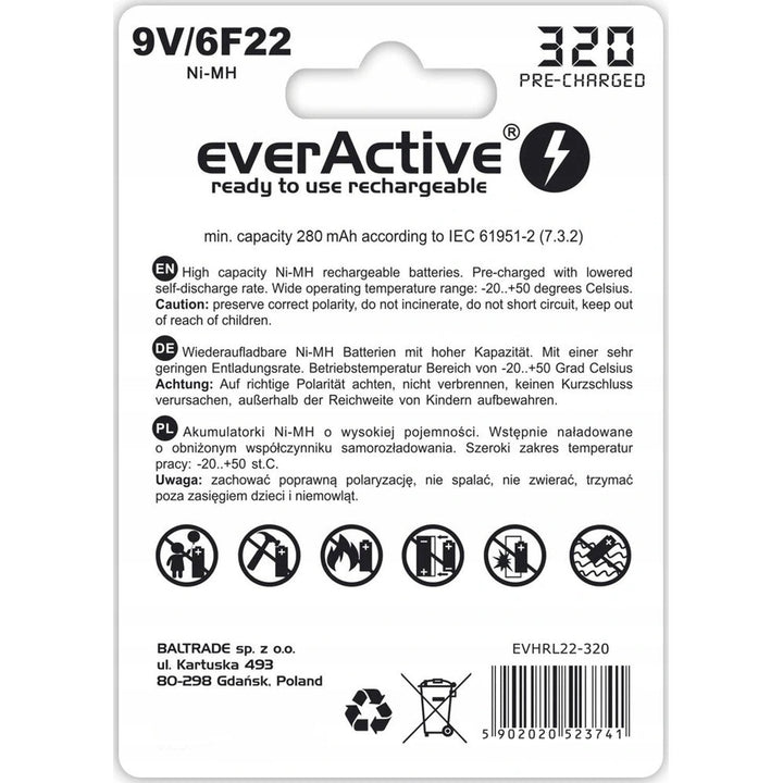 everActive 6F22/9V Ni-MH 320 mAh genopladeligt batteri, klar til brug