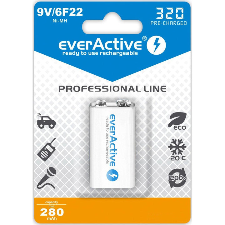 everActive 6F22/9V Ni-MH 320 mAh genopladeligt batteri, klar til brug